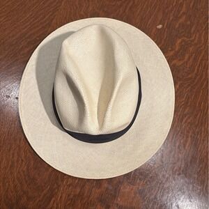 Vintage Vendome Shantung Straw Fedora Medium Made in USA Black Grosgrain Band